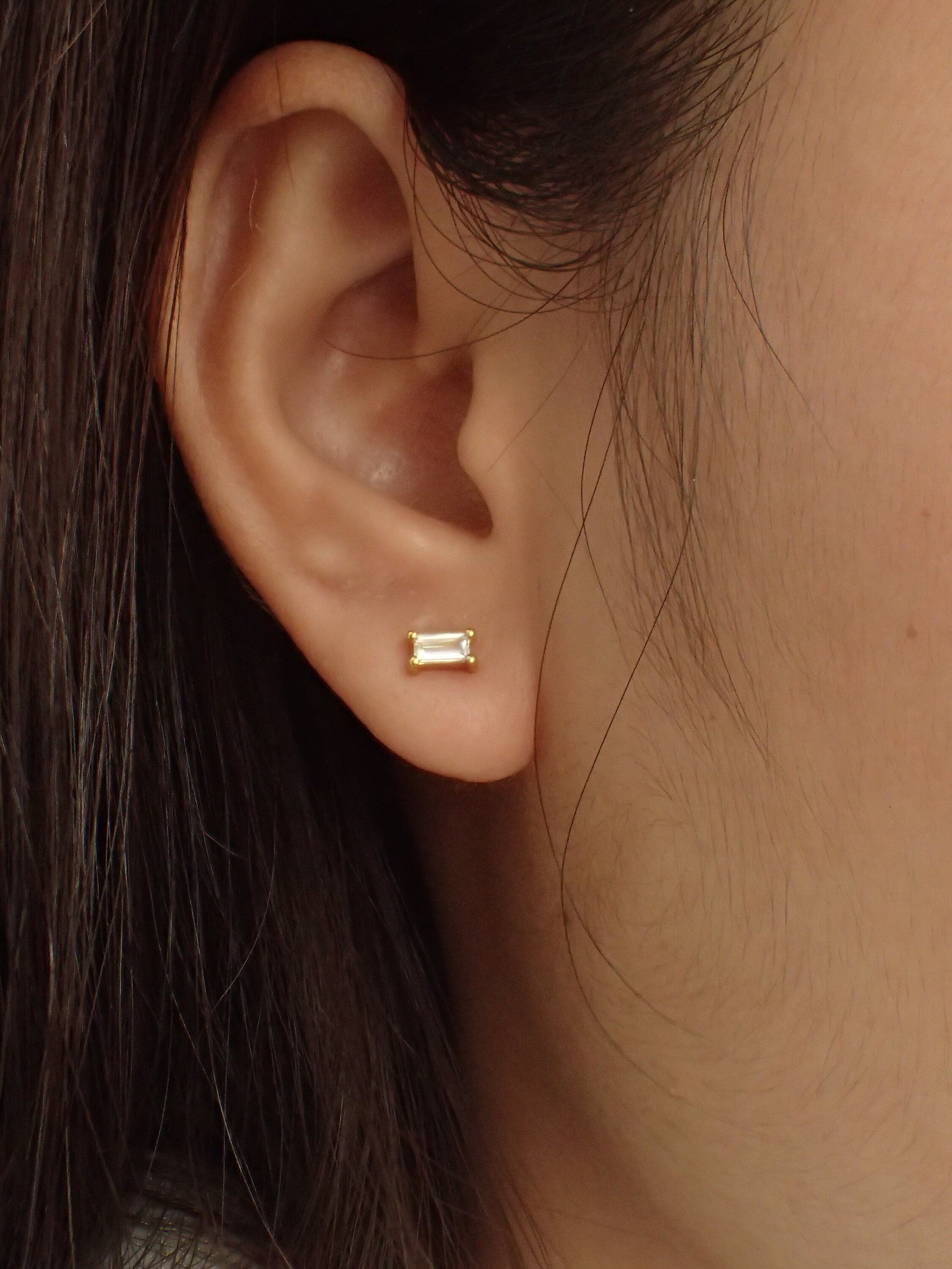 Moissanite Stud Earrings / Minimal Dainty Earrings / Bridesmaid Gift / Rectangular Post Earrings / Cartilage Earrings